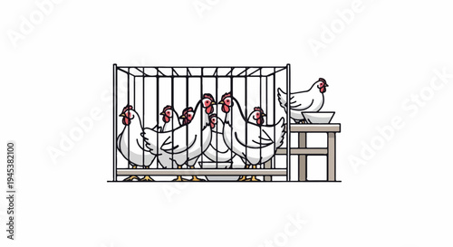 Chickens in a cage with one eating from a bowl outside