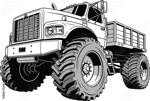 Detailed Black and White Illustration of a Monster Truck with Oversized Tires.