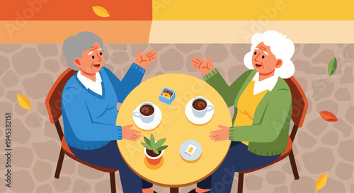 Elderly friends chatting over coffee outdoors.
