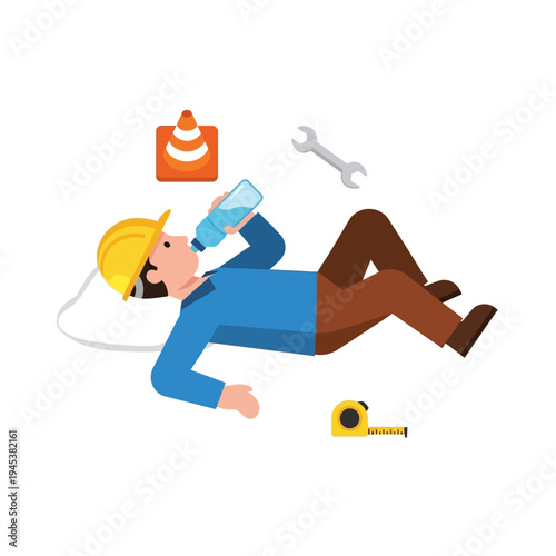 A construction worker taking a break with a drink.