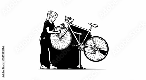 Woman with wrench repairs a bicycle on a stand