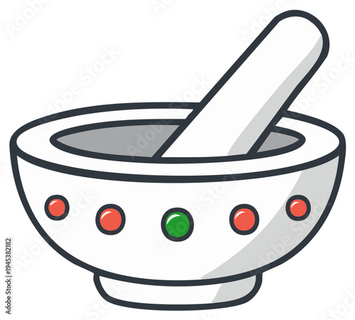 White mortar and pestle decorated with colorful dots for crushing herbs and spices