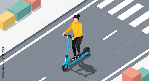 Person riding electric scooter on city road.