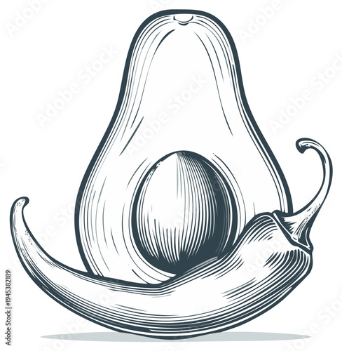Detailed sketch of fresh avocado half and chili pepper, highlighting a healthy food concept in artistic linear illustration