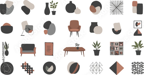 Collection of abstract shapes, vases, plants, and furniture in muted tones
