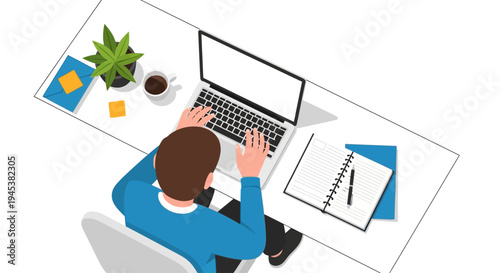 Man sitting at desk with laptop and office supplies.