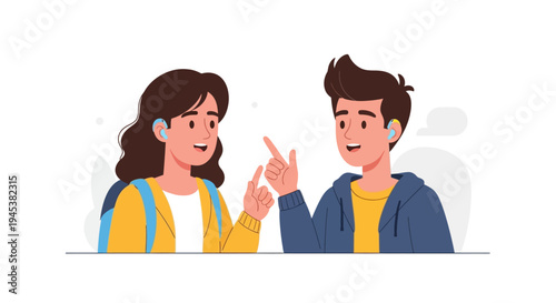 Two friends pointing and smiling at each other.