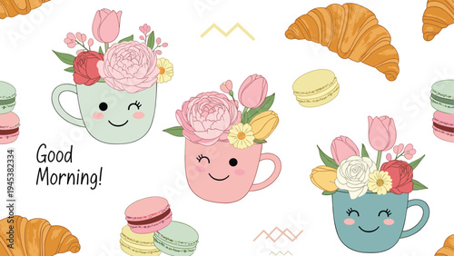 Lovely pattern of cups filled with spring flowers, croissants, and macarons with a good morning greeting in a cozy style.