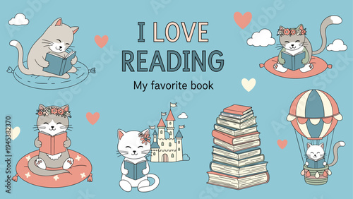 Lovely pattern of cups filled with spring flowers, croissants, and macarons with a good morning greeting in a cozy style.