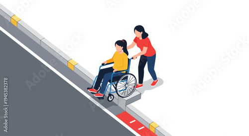 Woman assisting a person in wheelchair on ramp.
