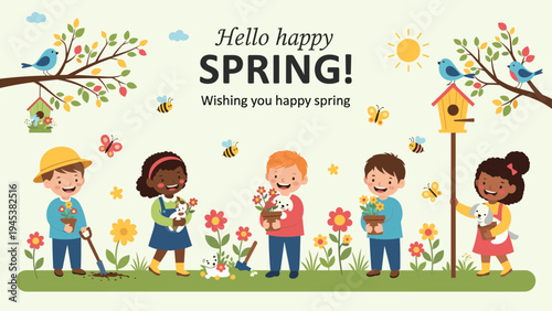 Group of diverse children planting flowers and caring for pets in a beautiful spring garden with birds and butterflies.