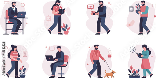 People engaged in various daily activities, including work and leisure