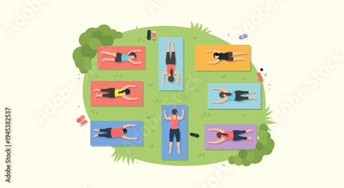 People practicing yoga outdoors in a park.