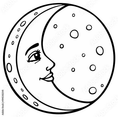 Stylized crescent moon face illustration with craters and cartoonish features in black and white