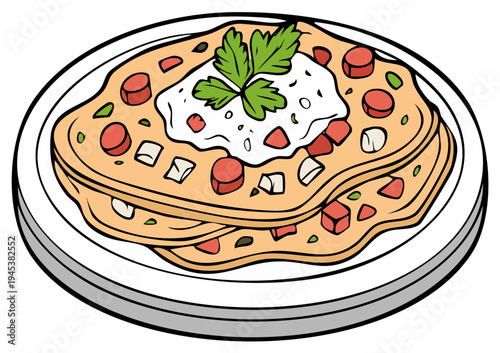 Cartoon illustration of a layered Mexican food dish with toppings on a plate.