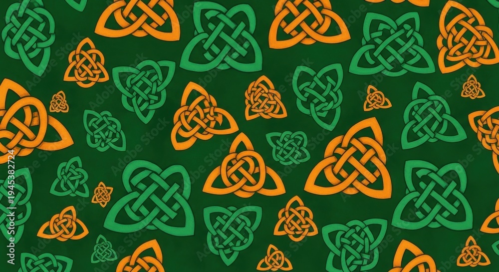 Fototapeta premium Celtic knotwork pattern with green and orange designs on dark background celtic knot knotwork green