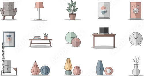 Collection of modern interior design elements with abstract art and furniture