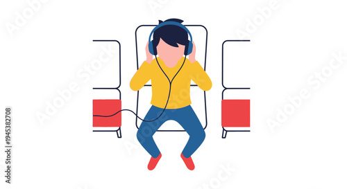 a cartoon man listening to music on a train.