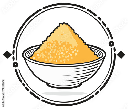 A circular emblem featuring a ceramic bowl overflowing with granular yellow spice or sugar