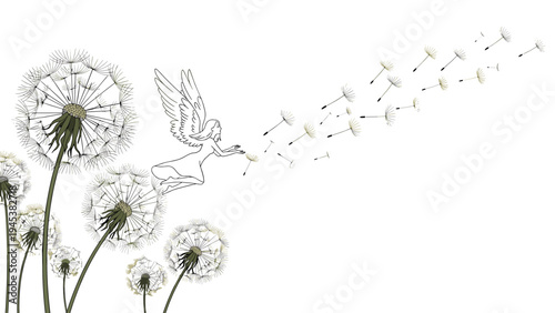 Delicate line art of a small fairy blowing dandelion seeds into the wind in a field of blooming dandelions.