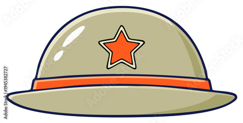 Cartoon pith helmet with orange star emblem and band for adventure