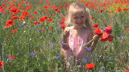 Child in Poppy Flowers Field, Laughing Girl Playing in Agriculture Field, Kid Picking Red Flowers, Children