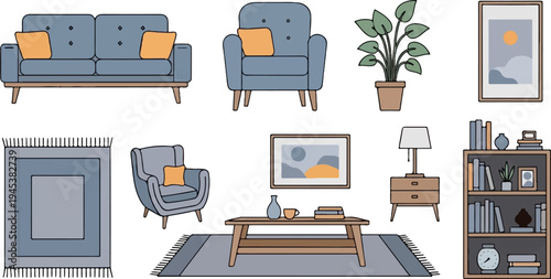 Cozy living room interior with furniture, plants, and decor