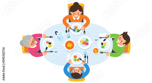 Friends eating food together at table.