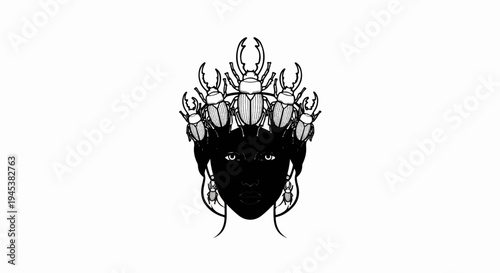 Mysterious portrait crowned with beetles, eyes pierce from shadow