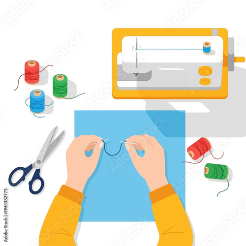 Hands sewing with colorful threads and tools.