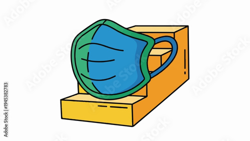 Stylized face mask on a multi-tiered platform with a geometric design