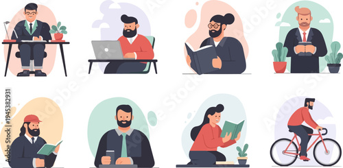 Diverse individuals engaged in activities like reading, working, and cycling