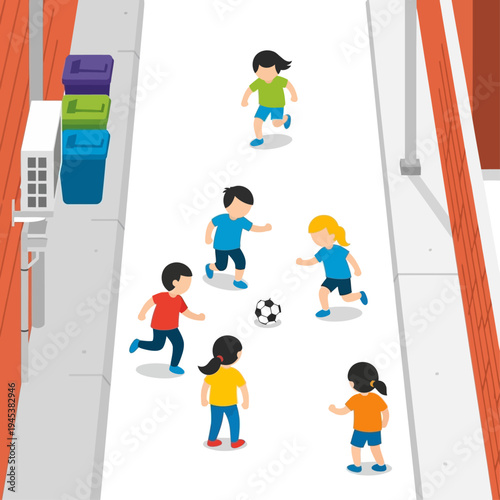 Children playing soccer in a school hallway.