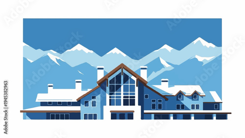 Blue ski lodge with snow-covered roof and mountains in background