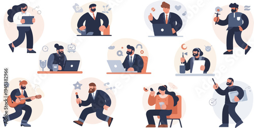 Cartoon individuals engaged in diverse professional and creative endeavors