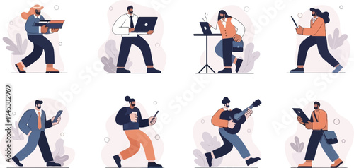 Diverse individuals engaged in various activities, including work, leisure, and music