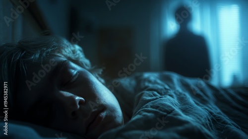 Terrifying shadow figure watching sleeping person at night bedroom scene