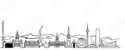 Stylized black and white line art skyline of diverse modern and classic buildings