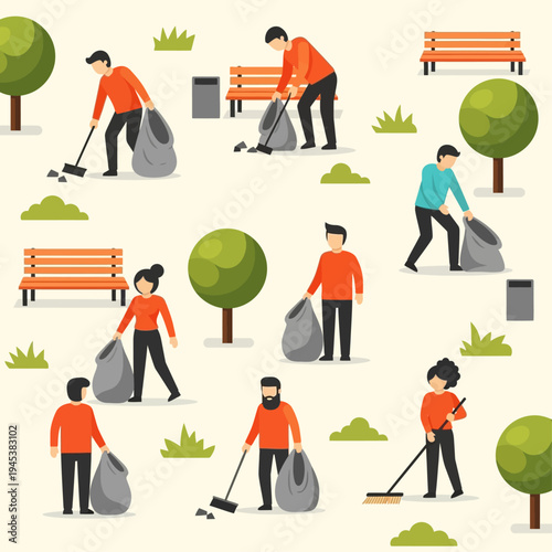 People cleaning up park with trash bags.