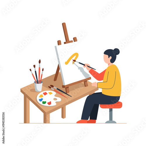 Woman painting on an easel with colorful brushes.
