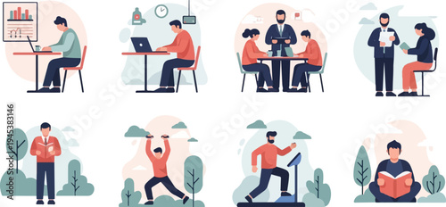 Diverse individuals engaged in work, learning, and fitness activities