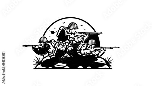 Stylized depiction of three soldiers advancing with rifles in a dynamic military scene