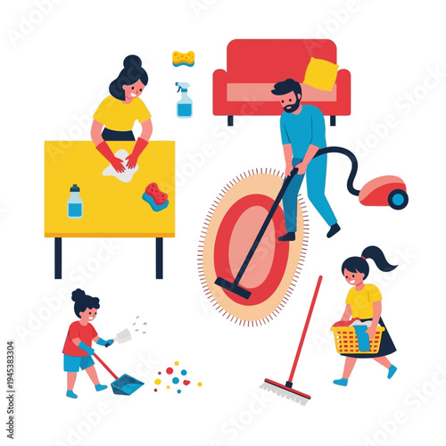 Family members cleaning and doing chores at home.