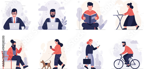 Diverse people engaged in various daily activities, including work and leisure