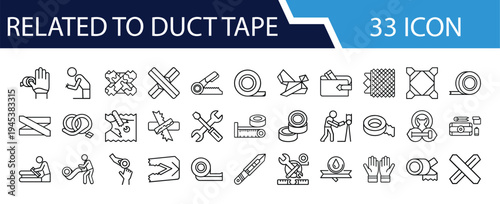 Outline Duct Tape Icon Set in Line Art Style for Adhesive Tape, Repair, DIY Projects, Crafting, Fixing, and Digital Interface Design