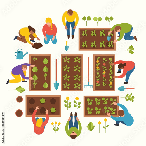 people gardening together in community garden.