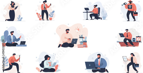 Diverse people engaged in various digital activities and work