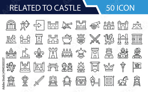Outline Castle Icon Set in Line Art Style for Fortress, Tower, Medieval Architecture, Royal Palace, Stronghold, and Digital Interface Design