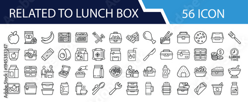 Outline Lunch Box Icon Set in Line Art Style for Food Container, Bento, Snack, Packed Meal, Portable Lunch, and Digital Interface Design