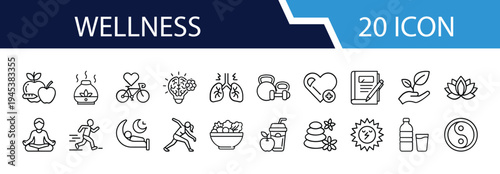 Outline Wellness Icon Set in Line Art Style for Self Care, Health, Relaxation, Meditation, Yoga, Spa, and Digital Interface Design